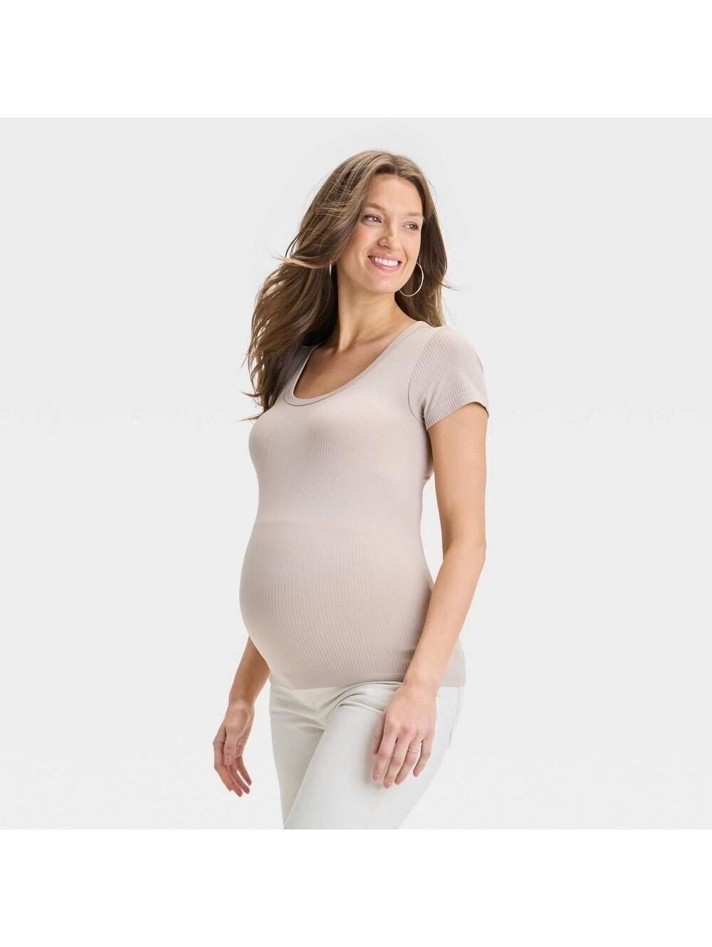 Short Sleeve Ribbed Seamless Maternity T-Shirt - Isabel Maternity Tan XXL Crew